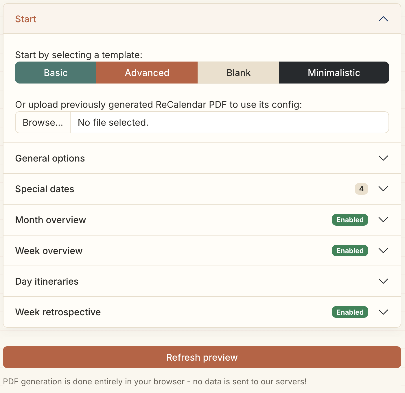 Screenshot of the ReCalendar configurator